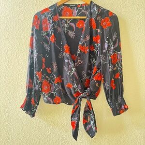 Madewell Wrap Top Red Black Floral Blouse Size Small